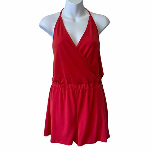 Express halter low back v neck red romper - Picture 1 of 3